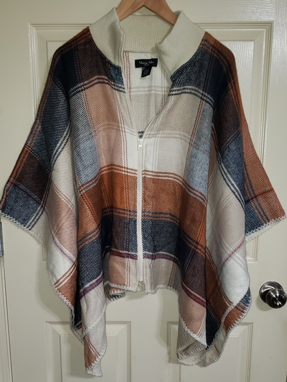 Marcus Alex Plaid Zip-Front Cape Poncho in Cream, Brown & Navy